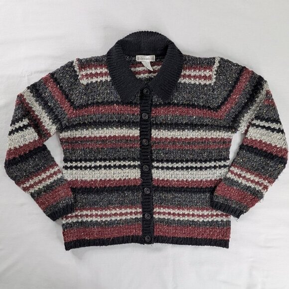 Vintage Sweaters - VTG Maroon Black Gray Stripe Chunky Knit Cotton Wool Button Up Collared Sweater